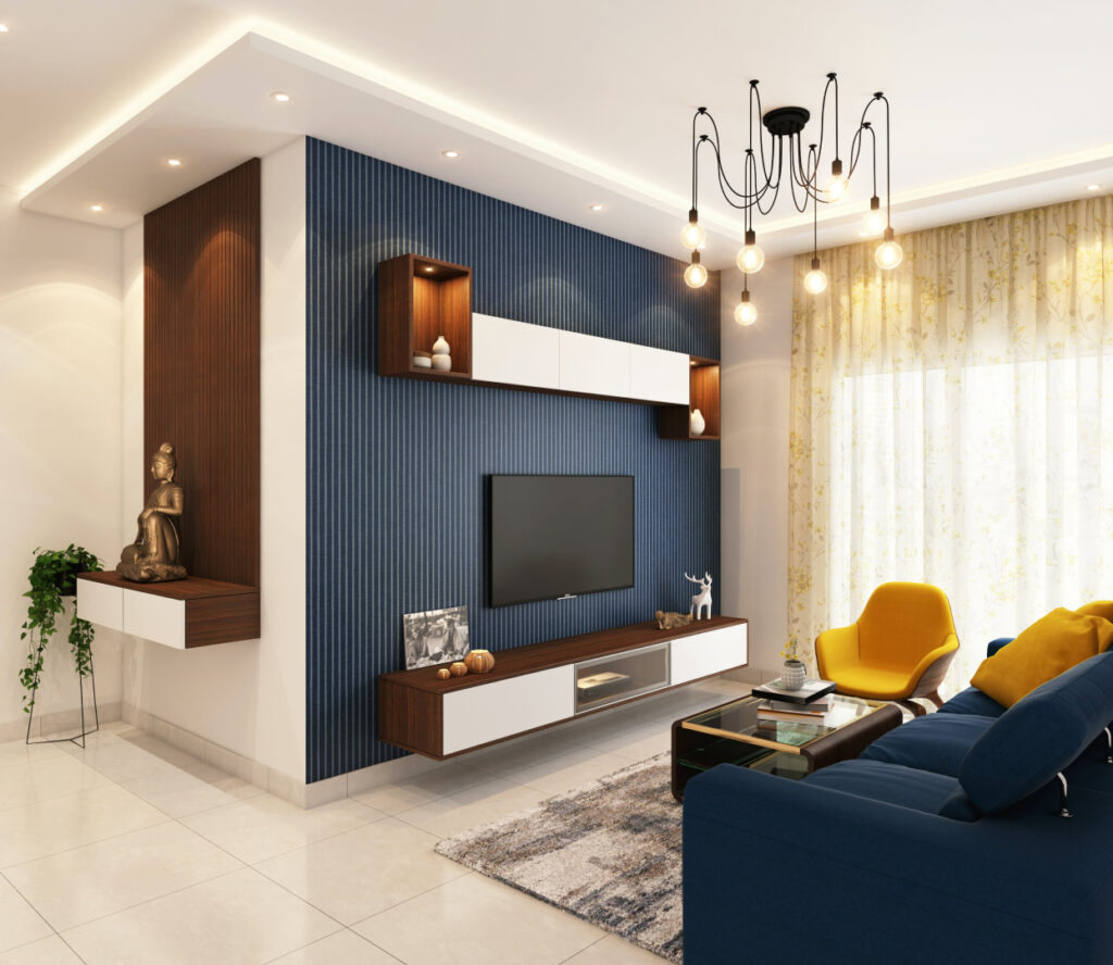 Interior de salón con sofás azul y amarillo con televisión, decoración tonos madera lampara moderna