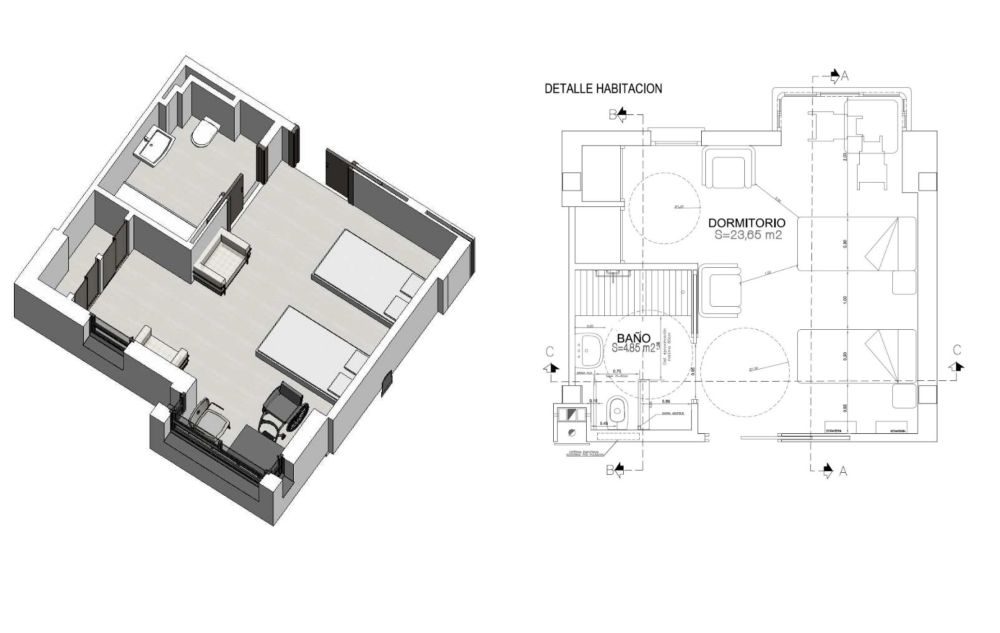 proyecto rehabilitación residencia de mayores plano de habitación compartida con baño