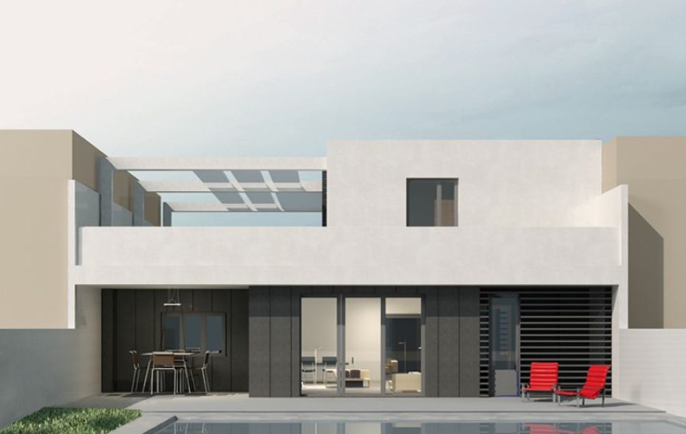 Proyecto de vivienda con patio moderno con piscina, terraza espaciosa con mesa y tumbonas