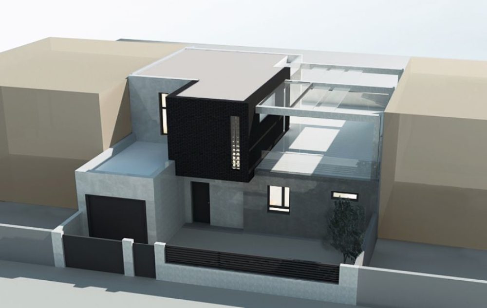 Plano en 3D de proyecto de vivienda moderna en colores grises, blancos y negros