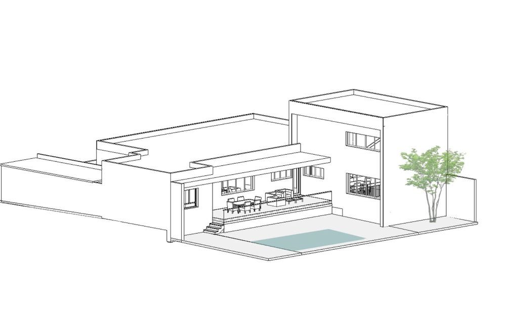 Plano proyecto vivienda moderna amplia con piscina en 3D
